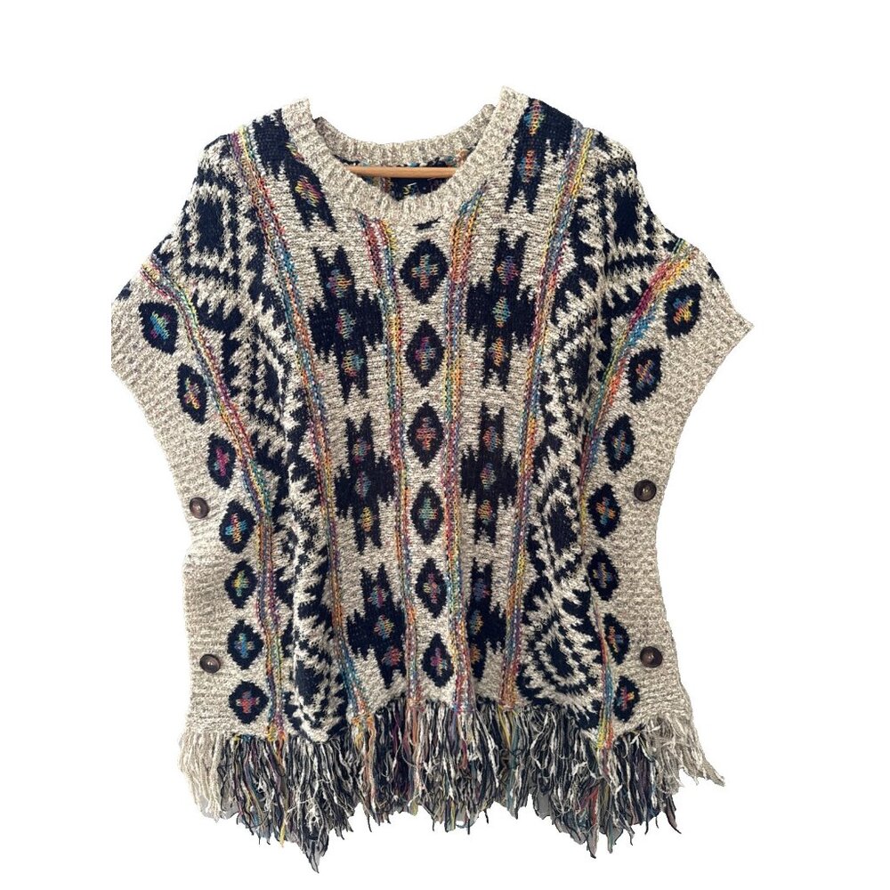 Women's Poncho knit Sweater Aztec Multicolor Metallic Patches Button Side Sz 10